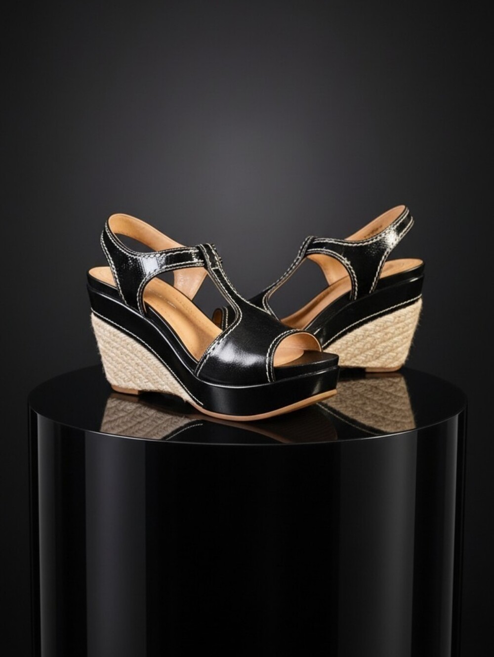 NWOT-Nurture by Lamaze Black Leather Peep-Toe T-Strap Wedge Sandals